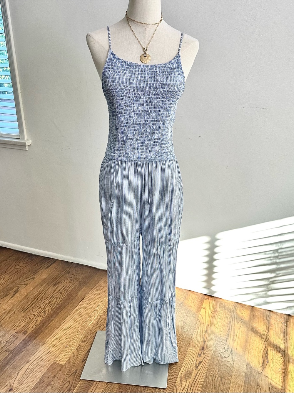 Japna Light Blue Smocked Wide Leg Jumpsuit Size Medium Boho Beach Vacation